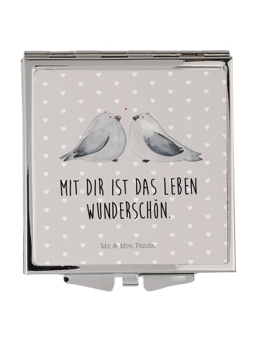 Mr. & Mrs. Panda Schminkspiegel Turteltauben Liebe mit Spruch in Grau Pastell