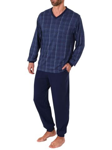 NORMANN Pyjama Schlafanzug langarm Bündchen Karo - 67932 in blau-melange