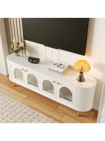 ABRIHOME TV-Schrank in Weiß mit Glastüren und goldenen Griffen Beinen