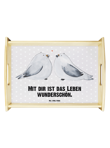 Mr. & Mrs. Panda Serviertablett Turteltauben Liebe mit Spruch in Grau Pastell