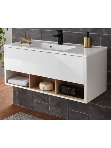 Furn.Design Waschtisch weiß Hochglanz, Eiche 100 cm, Set inklusive Waschbecken