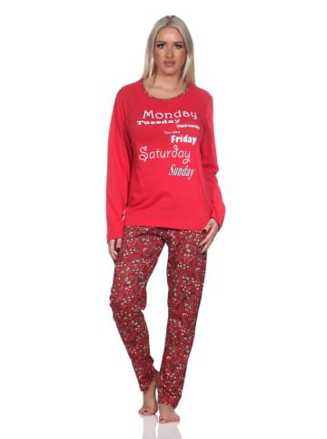 NORMANN Damen Schlafanzug lang mit lässigem Print und Allover-Muster - 86322 in rot
