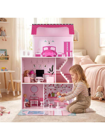 COSTWAY Puppenhaus Holz ab 3 Jahren in Rosa