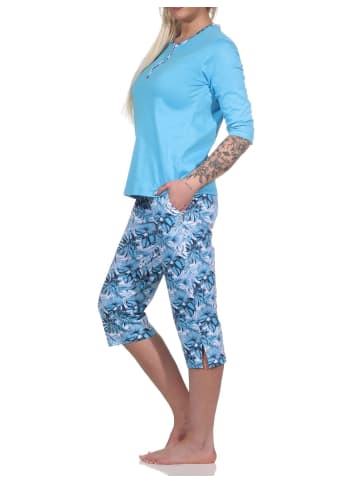 NORMANN Kurzarm Pyjama Caprihose floralem print in blau