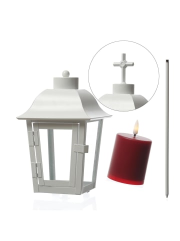 MARELIDA Laterne mit roter Mini LED Kerze Grablaterne H: 51cm in weiß