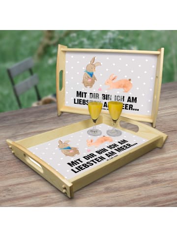Mr. & Mrs. Panda Tablett für Bett Hasen Muschel mit Spruch in Grau Pastell