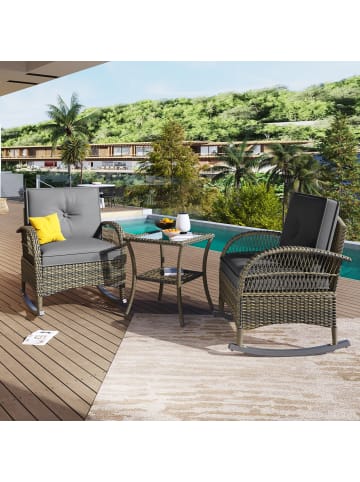 ABRIHOME Rattan Schaukelstuhl-Set mit 2 Stühlen und Glas-Tisch in Grau