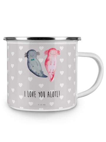 Mr. & Mrs. Panda Camping Emaille Tasse Axolotl Liebe mit Spruch in Grau Pastell