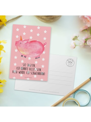 Mr. & Mrs. Panda Postkarte Einhorn Schwein mit Spruch in Rot Pastell