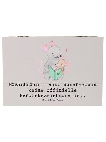 Mr. & Mrs. Panda Holzkiste Erzieherin Superheldin mit Spruch in Grau Pastell