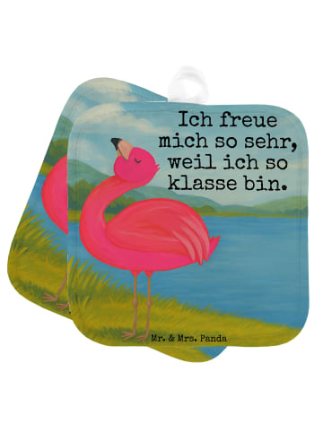 Mr. & Mrs. Panda Topflappen Flamingo Stolz Design mit Spruch in Weiß