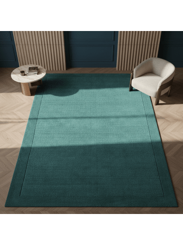 KADIMA DESIGN Teppich 100% Wolle handgewebt, Strukturdesign, Bordüre, robust in Türkis