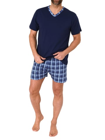 NORMANN Schlafanzug kurzarm Shorty mit karierter Jersey Hose - 86238 in navy