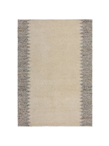 KADIMA DESIGN Wollteppich mit Noppeneffekt und geometrischem Bordürendesign in Beige-Grau