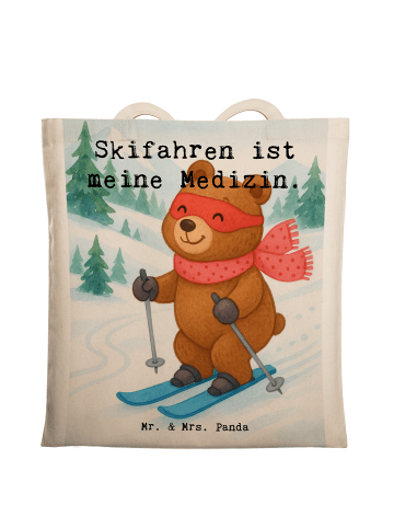 Mr. & Mrs. Panda Shopping Tasche Hase Skifahren Design mit Spruch in Weiß