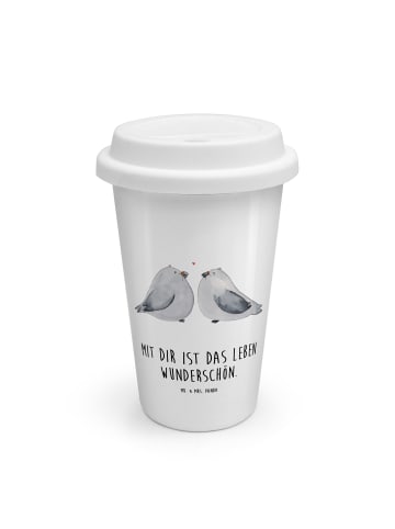 Mr. & Mrs. Panda Thermokaffeebecher Turteltauben Liebe mit Spruch in Weiß