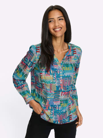 Sieh an! Langarm-Bluse in weiß-türkis-bedruckt