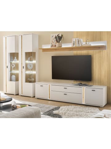 Furn.Design Wohnwand 4-teilig weiß matt, Eiche 330 cm, Kombination inkl. Frontbeleuchtung