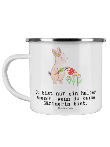 Mr. & Mrs. Panda Camping Emaille Tasse Gärtnerin Herz mit Spruch in Weiß