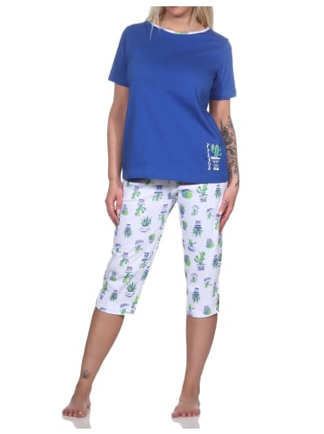 NORMANN Kurzarm Schlafanzug Kaktus Caprihose allover - 78893 in blau