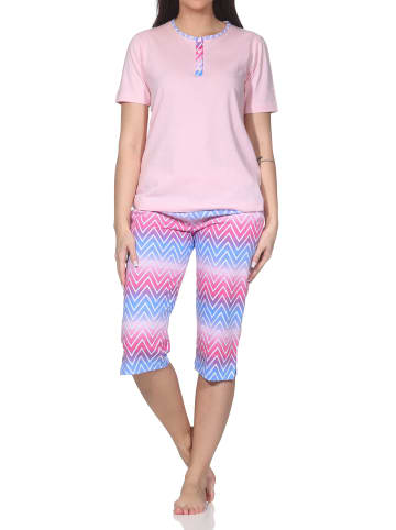 NORMANN Kurzarm Capri Schlafanzug Pyjama Übergröße Zick Zack Muster in rosa