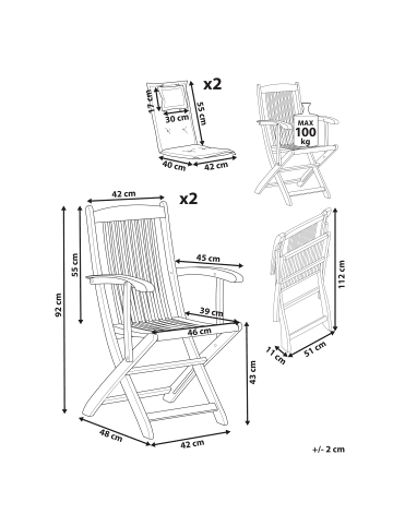 Beliani 2er-Set Gartenstuhl MAUI II in Heller Holzfarbton/Beige