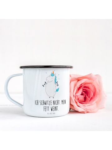 Mr. & Mrs. Panda XL Emaille Tasse Einhorn Fitness mit Spruch in Weiß