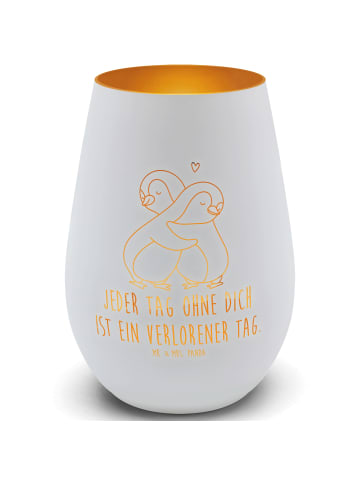 Mr. & Mrs. Panda Gold Windlicht Pinguine Kuscheln mit Spruch in Weiß