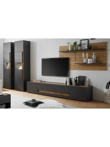 Furn.Design Wohnwand 4-teilig grau matt, Eiche Wotan 400 cm, Kombination mit XL-TV-Schrank