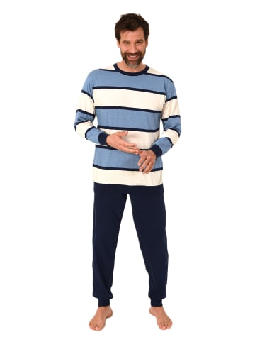 NORMANN Langarm Schlafanzug Pyjama Bündchen Streifen in blau