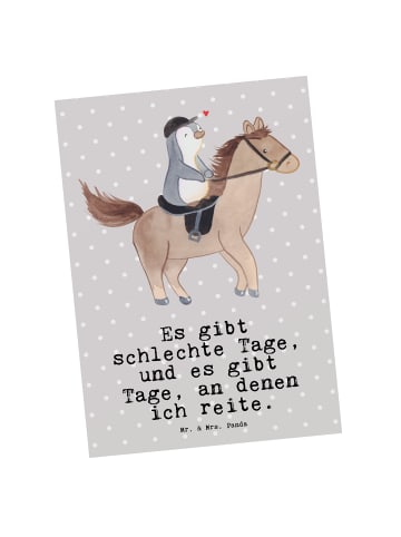 Mr. & Mrs. Panda Postkarte Pferd Reiten mit Spruch in Grau Pastell