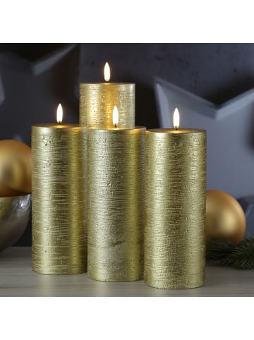 Uyuni 4er Set LED Kerzen PIA Rustik-Optik H: 20cm mit Batterien und Fernb in gold
