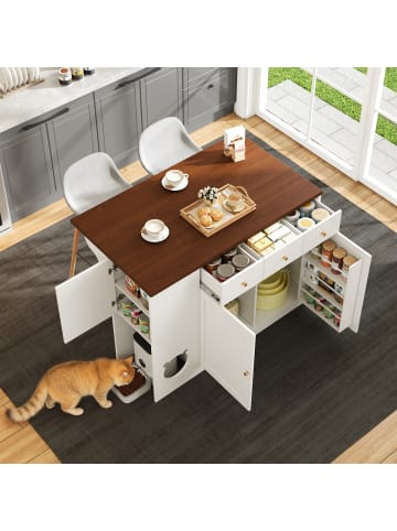 ABRIHOME Kücheninsel in Weiß Nussbaum 120x70x90 cm ausziehbar mit Schubladen Gewürzregal
