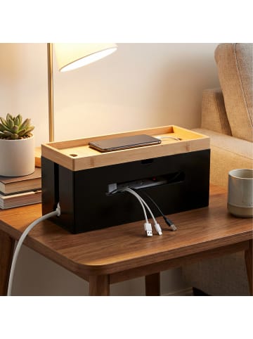relaxdays Kabelbox in Natur/ Schwarz - (B)34 x (H)16 x (T)13,5 cm