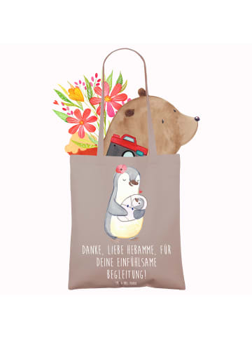 Mr. & Mrs. Panda Strandtasche Liebe Hebamme mit Spruch in Braun Pastell