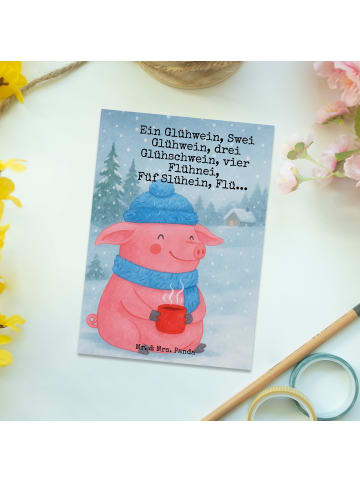 Mr. & Mrs. Panda Postkarte Schweinchen Glühwein Design mit Spruch in Weiß