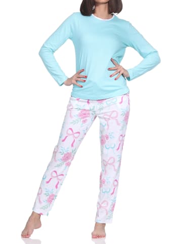 NORMANN Schlafanzug langarm Pyjama Schleifen Motiv in türkis