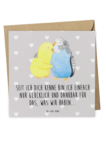 Mr. & Mrs. Panda Einladungskarte Wellensittich Liebe mit Spruch in Grau Pastell