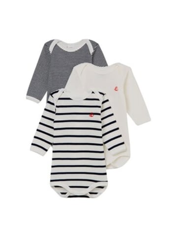 PETIT BATEAU 3er-Pack Bodys langarm Uni Ringel in Mehrfarbig