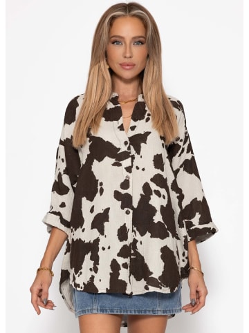 SASSYCLASSY Musselin Bluse mit kurzen Ärmeln in Kuh Print in Braun