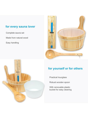 Intirilife 3-teiliges Sauna Set Holz Saunakübel 4 Liter Aufgusskelle Sanduhr in Braun