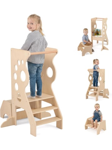 COSTWAY 3 in 1 Lernturm mit Hocker ab 3 Jahren in Hellbraun