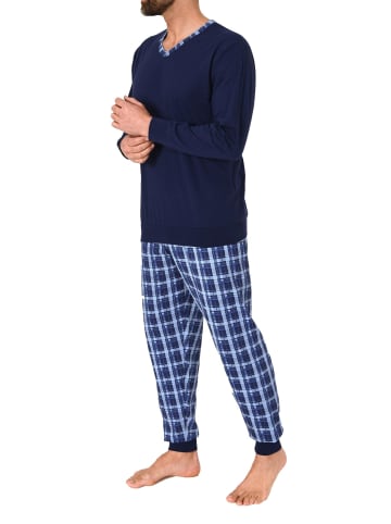 NORMANN Langarm Schlafanzug Bündchen und karierter Jersey Pyjamahose - 86148 in navy