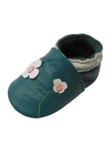 Yalion Leder-Krabbelschuhe "2 Blumen" in Petrol