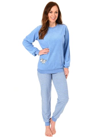 NORMANN Frottee Pyjama Schlafanzug Bündchen und Tier Applikation - 51790 in hellblau