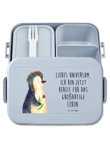 Mr. & Mrs. Panda Bentobox Pinguin Blumen Motiv mit Spruch in Blau Pastell