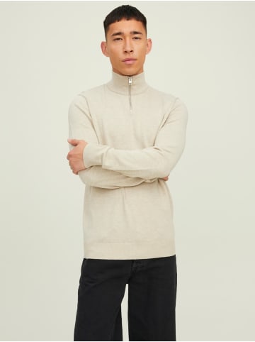 Jack & Jones Dünner Strickpullover Half Zip Stehkragen Sweater JJEEMIL in Hellgrau