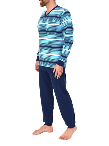 NORMANN Langarm Schlafanzug Pyjama Bündchen Streifen auch in Übergröße in marine