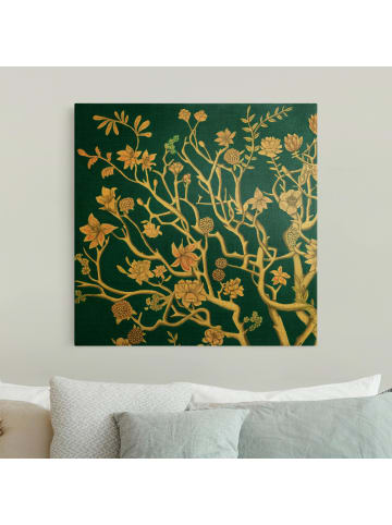 WALLART Leinwandbild Gold - Chinoiserie Blumen in der Nacht I in Blau