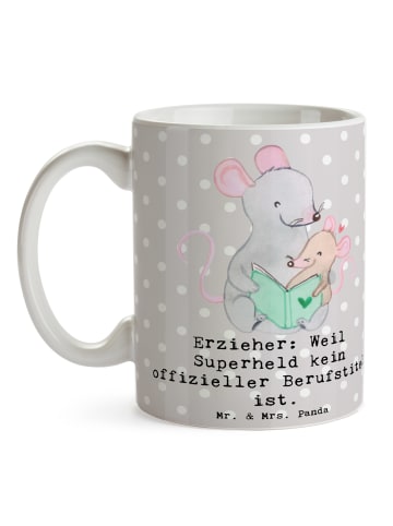 Mr. & Mrs. Panda Tasse Erzieher Superheld mit Spruch in Grau Pastell